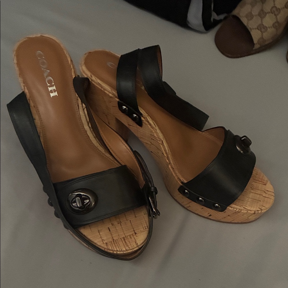 Coach Black Leather Wedge Sandals
